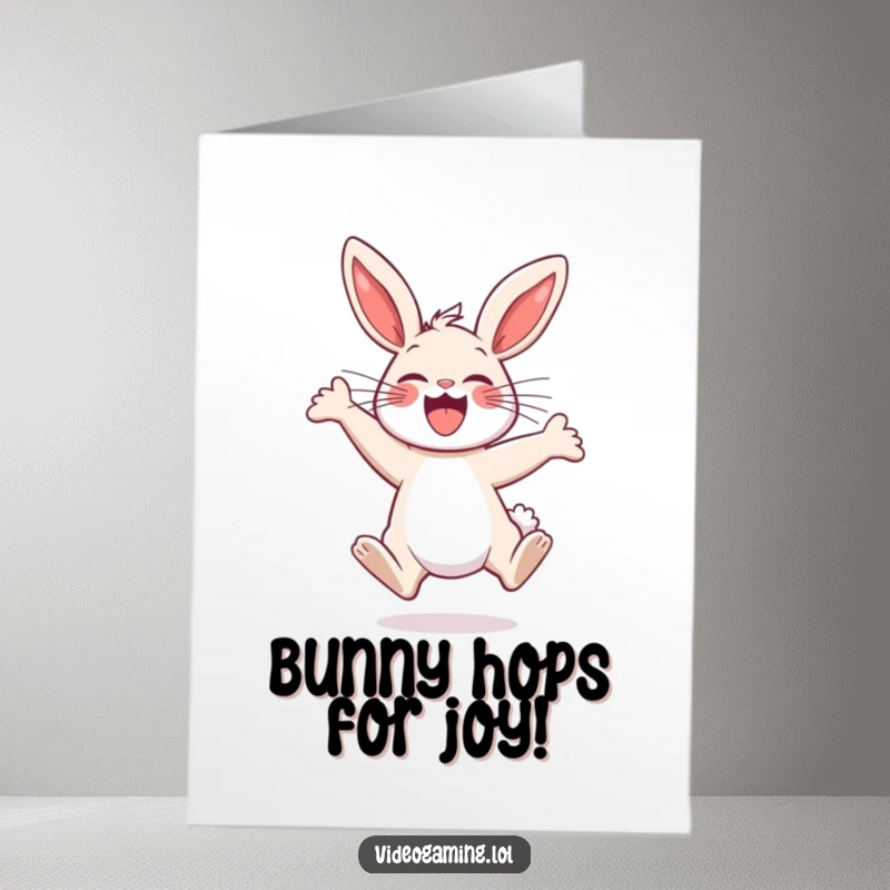 Funny Free Printable Congrats Card: A hyperactive happy bunny jumping for joy, celebrating an awesome achievement with pure elation.