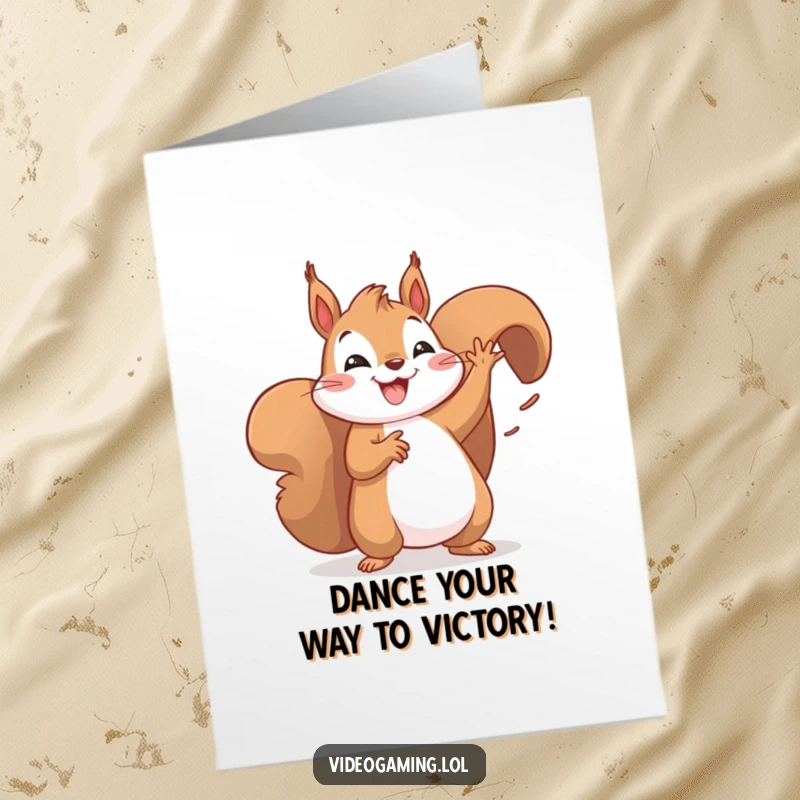 Funny Free Printable Congrats Card of a jubilant squirrel doing a celebratory dance after a big win.