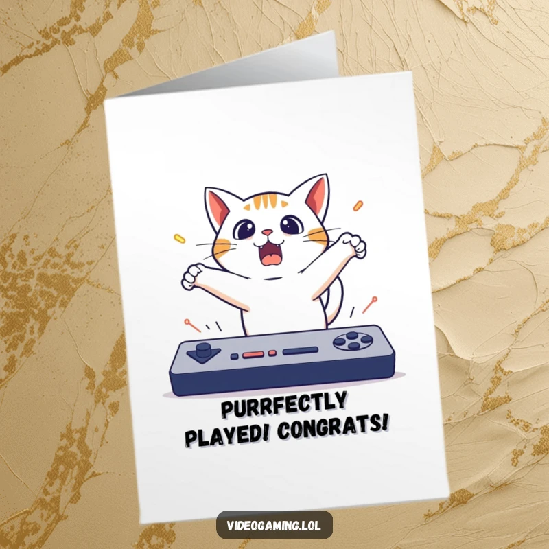Free Printable Congratulations Card: Shocked cat leaping away from a screen, surprised by a fast game's speed.