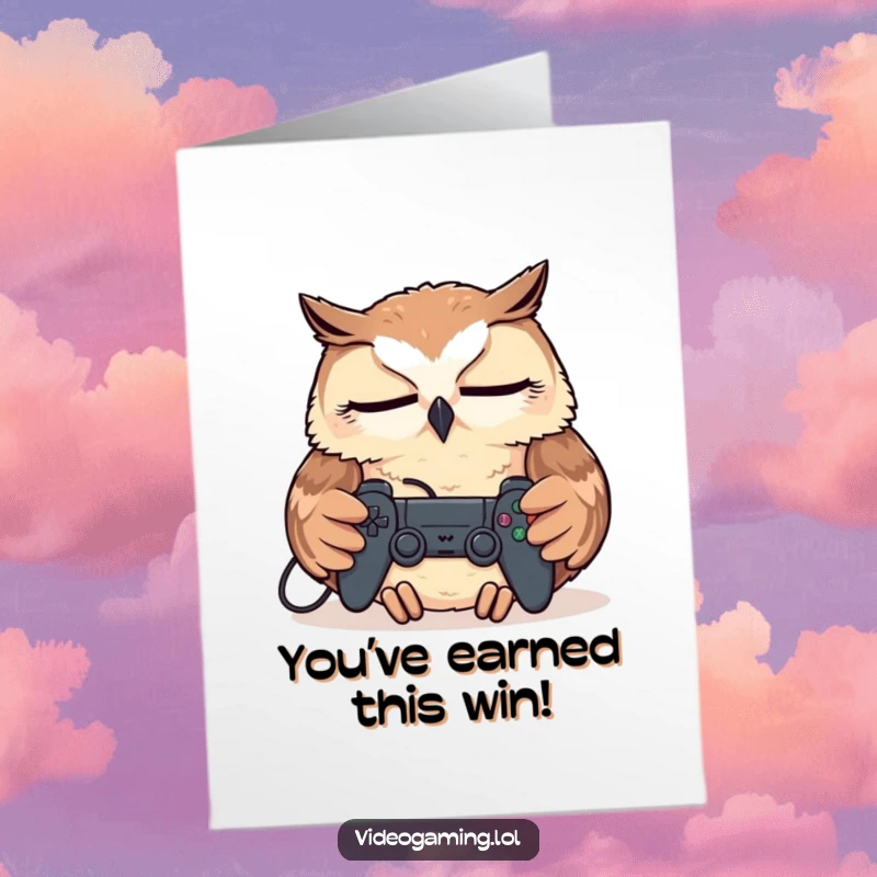 Funny Free Printable Congratulations Card: An exhausted owl peacefully sleeping, video game controller resting on its belly, signifying a win.