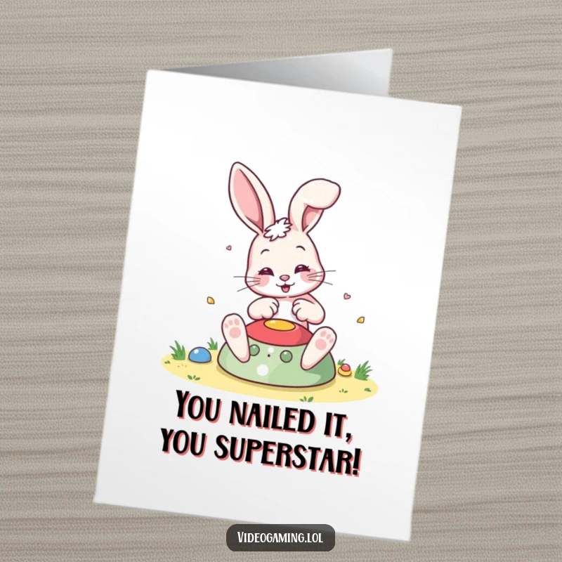 Funny Free Printable Congratulations Card: A bouncy bunny intensely focused on a vibrant video game screen, celebrating success.