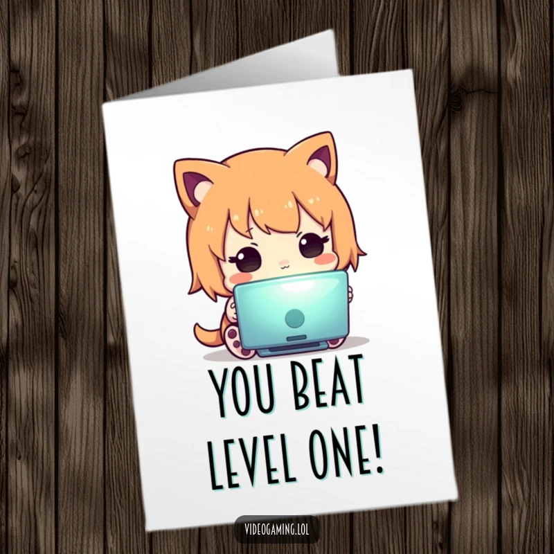 Funny Free Printable Congrats Card showing a curious character fixated on a bright screen, perfect for celebrating digital wins.