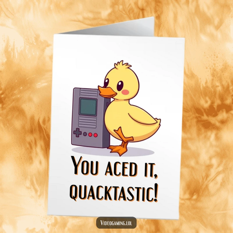 Funny free printable congratulations card showing a wobbly duck trying to balance a vintage game cartridge, symbolizing a win.