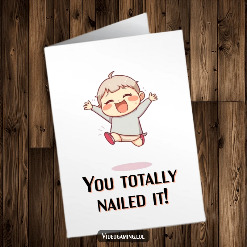 Funny Free Printable Congrats Card: Giggling character performs an over-the-top jump, celebrating success with playful energy.