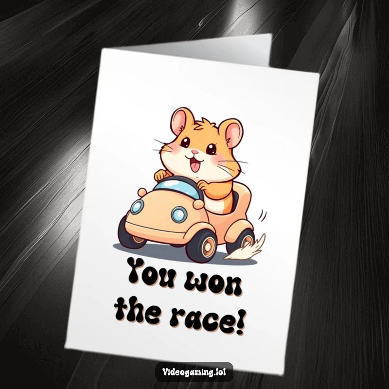 Funny Free Printable Congratulations Card: Happy hamster crossing the finish line in a tiny race car, victorious and grinning.