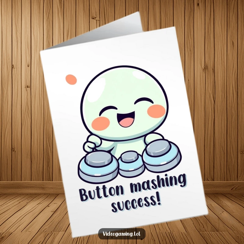 Funny Free Printable Congrats Card: A character giggles heartily while furiously mashing buttons, celebrating a big win with sheer delight.