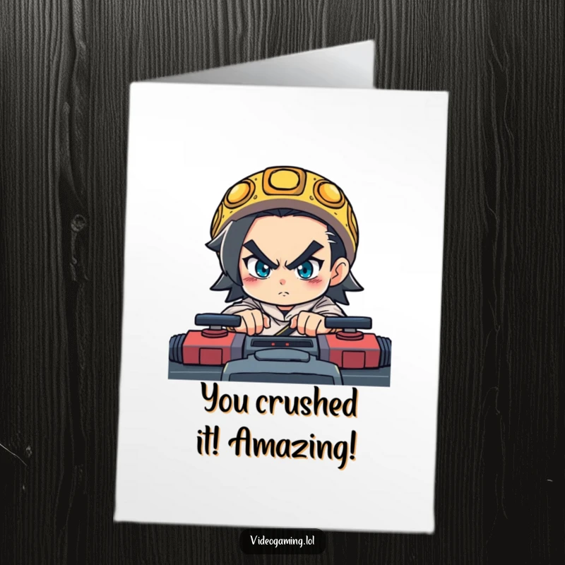 Funny Free Printable Congrats Card: Determined character intensely plays a fast-paced game, showcasing peak concentration and skill.