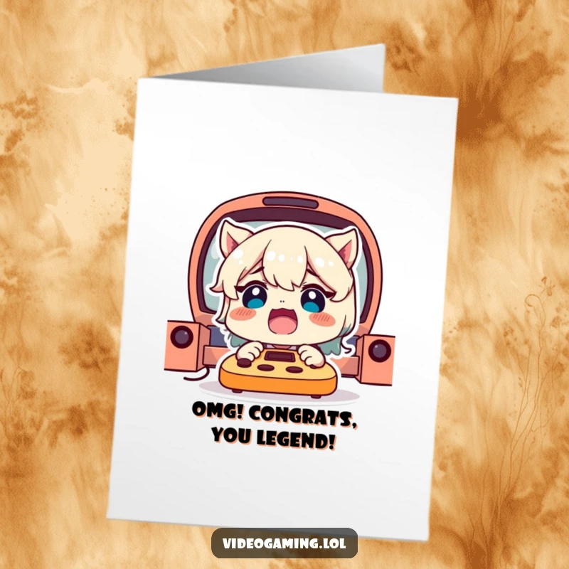 Funny Free Printable Congratulations Card: Delighted character with a shocked expression reacting to an unbelievable game outcome.