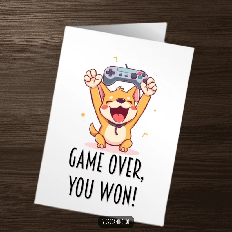 Funny Free Printable Congrats Card: Happy dog cheering holding a game controller aloft. Gamer downloadable art.