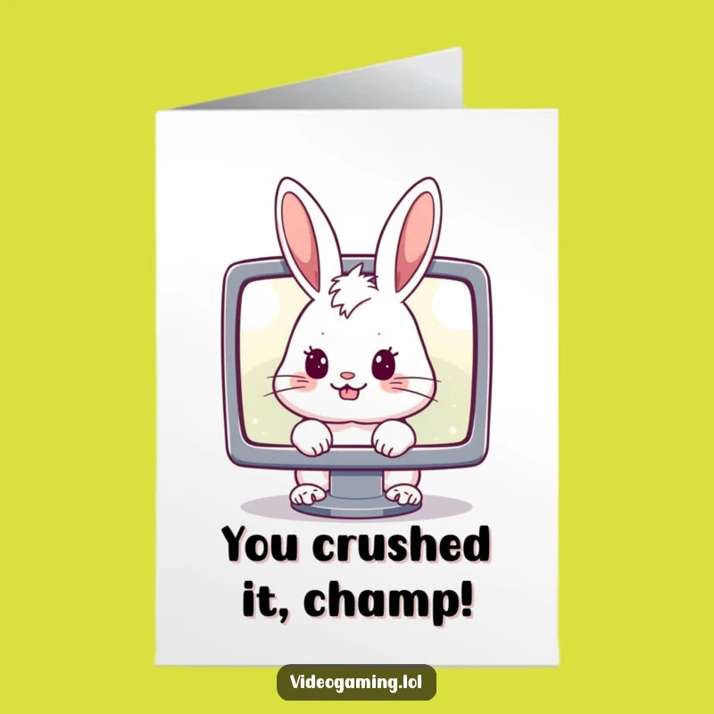 Free Printable Funny Congrats Card: Bunny Gamer's Win - Downloadable Witty Message