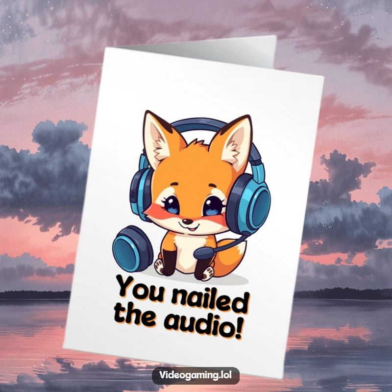 Funny Free Printable Congratulations Card: A smiling fox examining a complex gaming headset, a witty congrats.