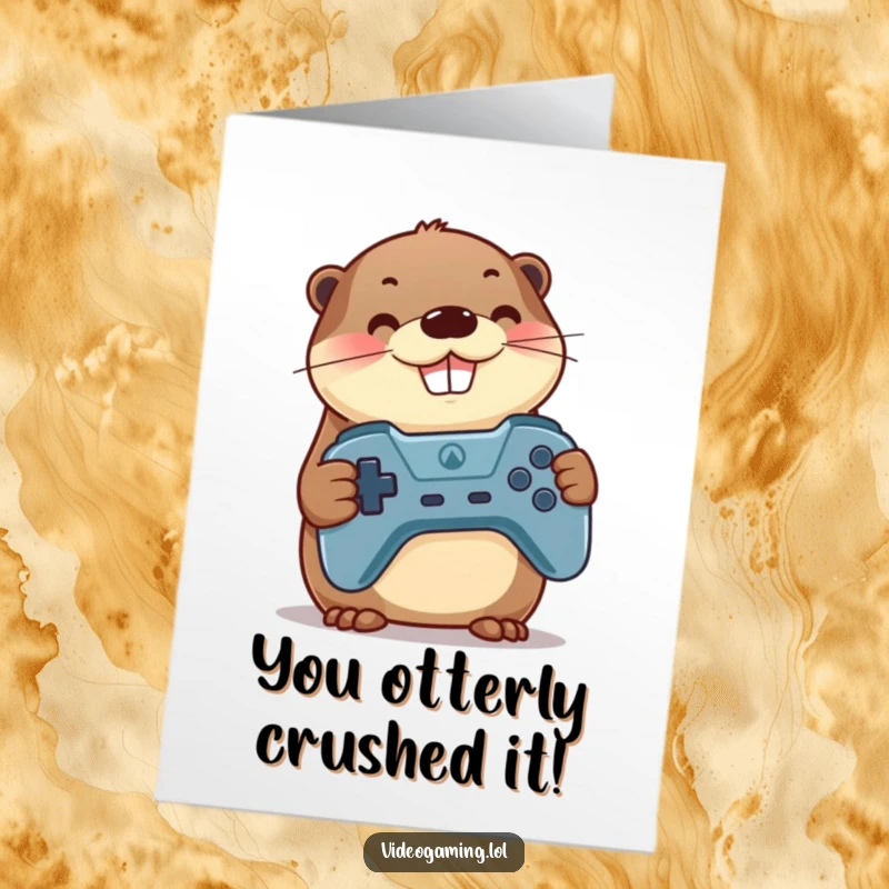 Funny Free Printable Congrats Card: Proud otter holding a controller, celebrating a gaming victory with a massive grin.