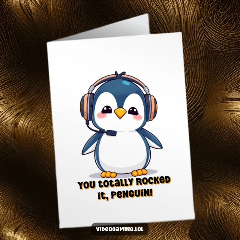 Funny Free Printable Congrats Card: Goofy penguin with huge headphones, celebrating a gaming victory with a silly grin.