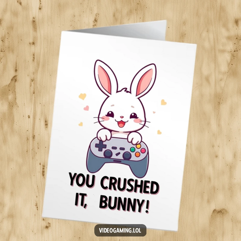 Funny Free Printable Congrats Card: Cheerful rabbit with fast-moving thumbs on a game controller, celebrating a win.