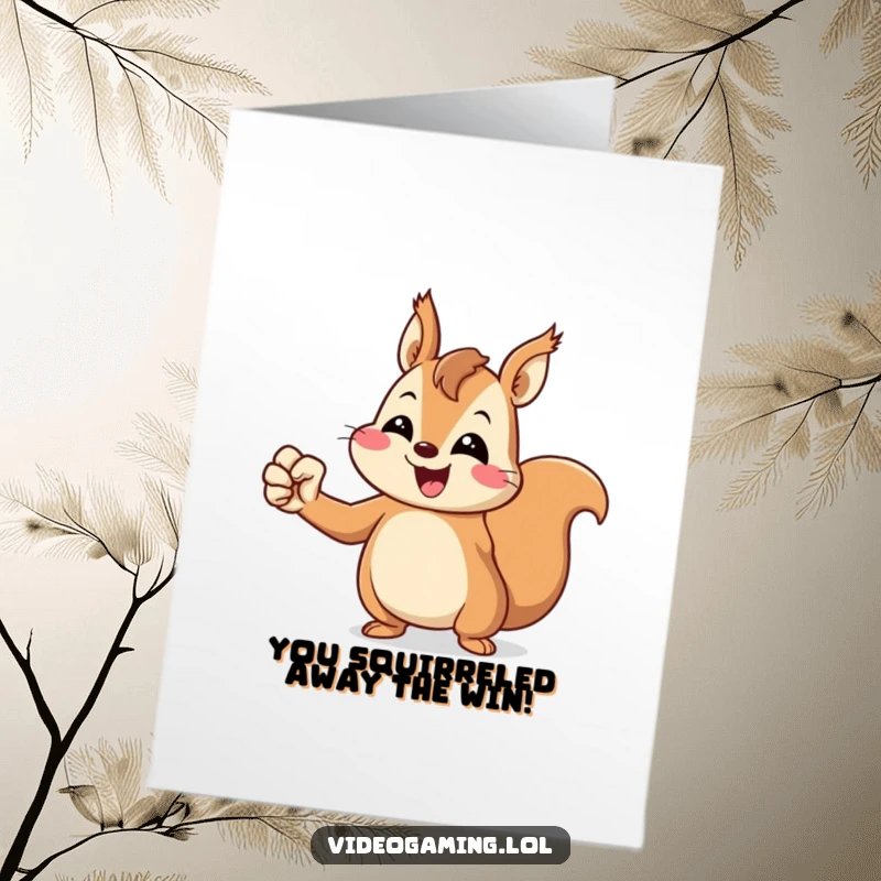 Funny free printable congratulations card: Cheerful squirrel pumps its fist in victory, celebrating your amazing achievement.