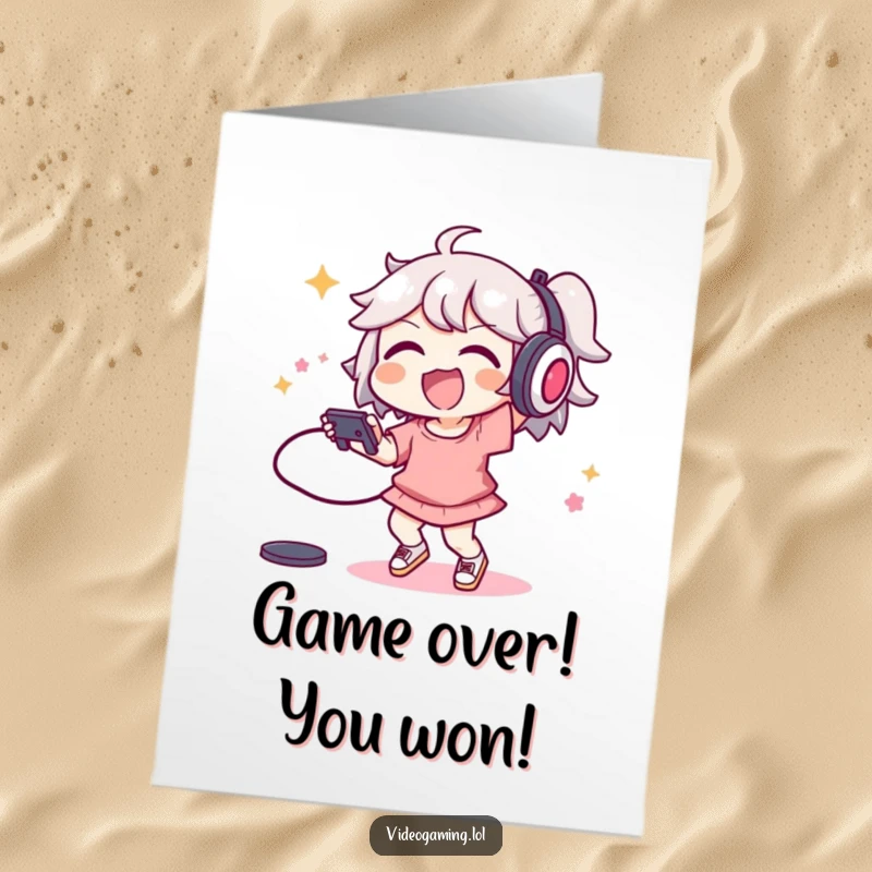 Funny Free Printable Congrats Card: A joyful character performs an energetic dance with a video game controller, celebrating a major win.