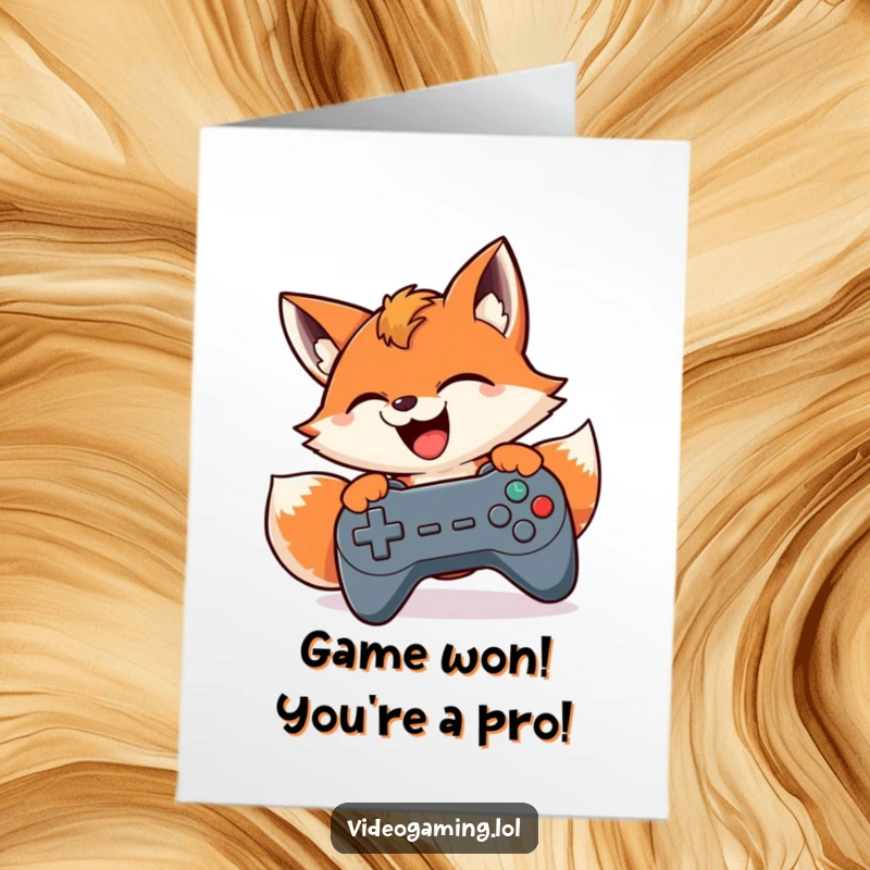Funny Free Printable Congratulations Card: Fox furiously playing video games, celebrating a win, a hilarious downloadable message of success.