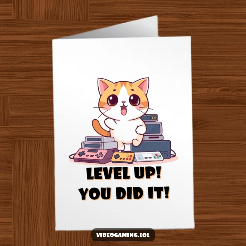 Funny Free Printable Congratulations Card: A startled cat tumbles over game consoles, a humorous way to say congrats.