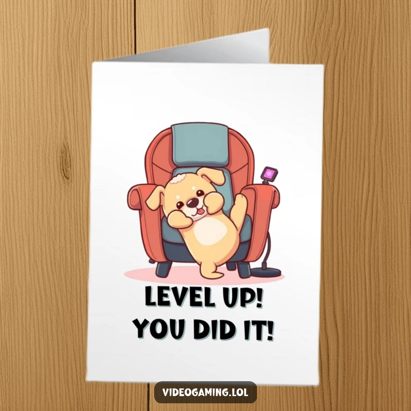 Funny free printable congratulations card: A cartoon puppy falling backwards from a gaming chair, celebrating with a comedic fail.