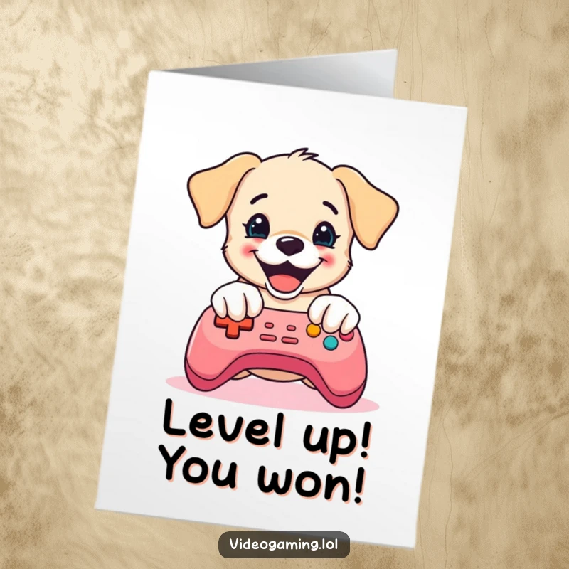 Free Printable Congratulations Card: Excited puppy intensely playing video games, buttons mashed in victory.