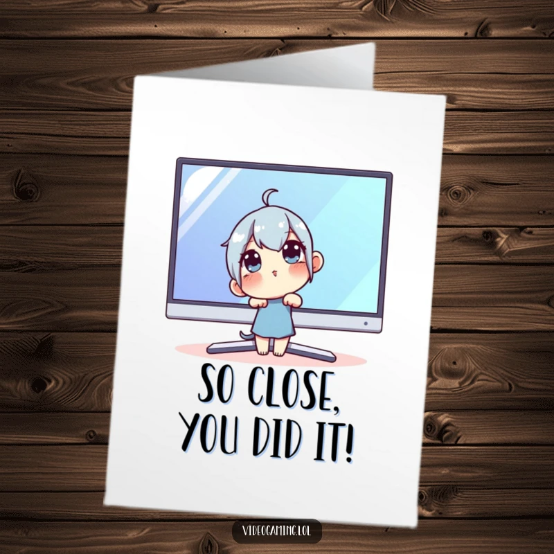 Funny Free Printable Congratulations Card: Curious character closely examining a large monitor with fascination, ready to print.