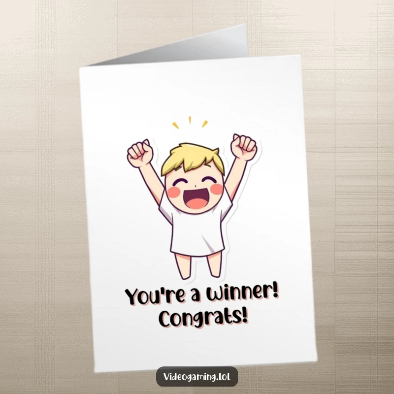 Funny free printable congratulations card showing a character with arms raised high, exclaiming victory in a joyous celebration.
