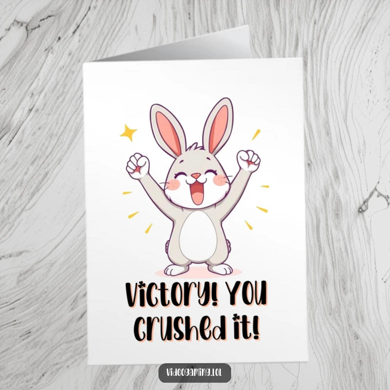 Funny Free Printable Congratulations Card: Bunny celebrating a victory with a triumphant pose, congratulating success, a hilarious downloadable token.