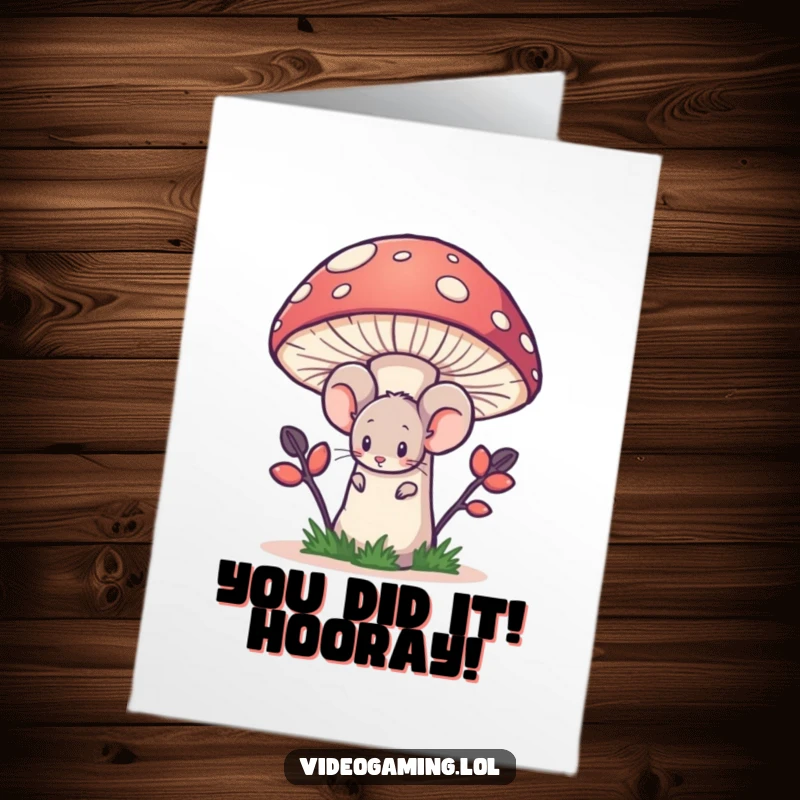 Funny Free Printable Congratulations Card: A timid mouse using a huge pixelated mushroom as cover, a comical sight.