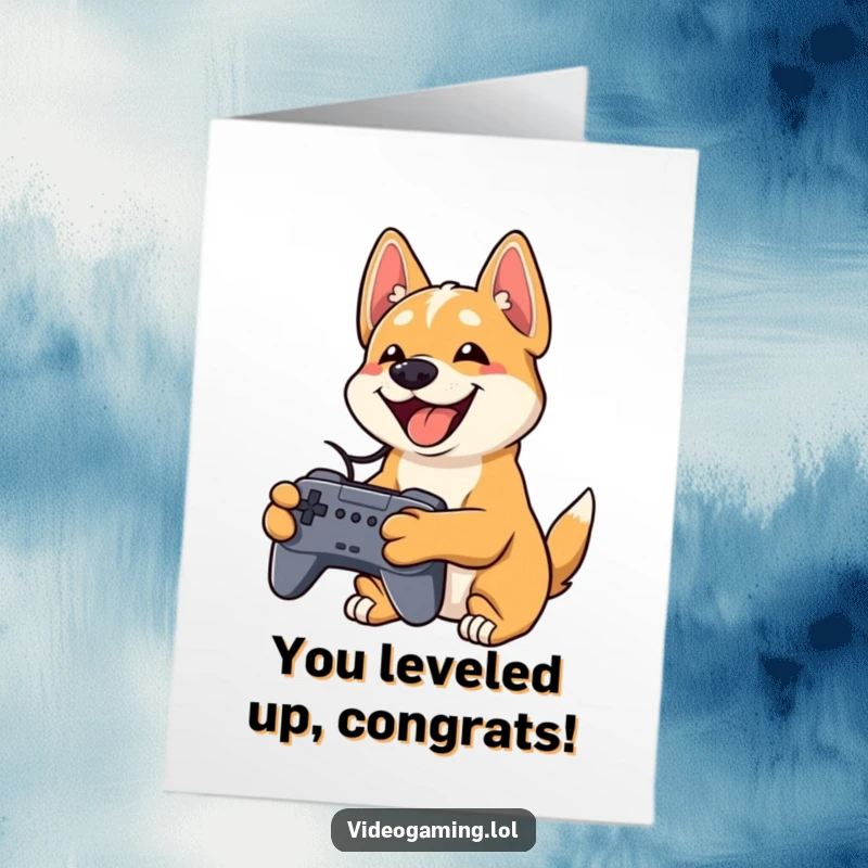 Funny Free Printable Congrats Card: Playful dog grins widely, holding a video game controller, celebrating a win with pure joy.
