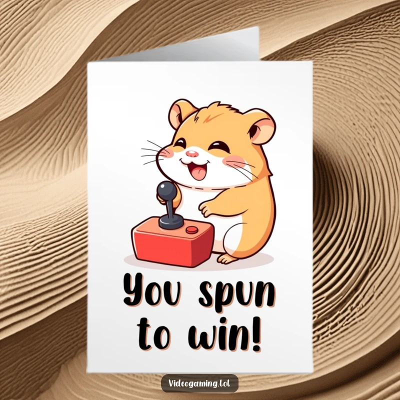 Funny Free Printable Congrats Card: A giggling hamster rapidly manipulating a joystick, celebrating a well-earned victory with glee.