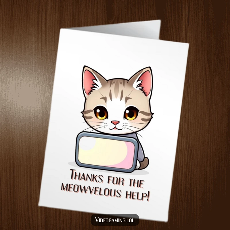 Funny Free Printable Thank You Card: A curious cat peers intently at a glowing screen, sending thanks your way.