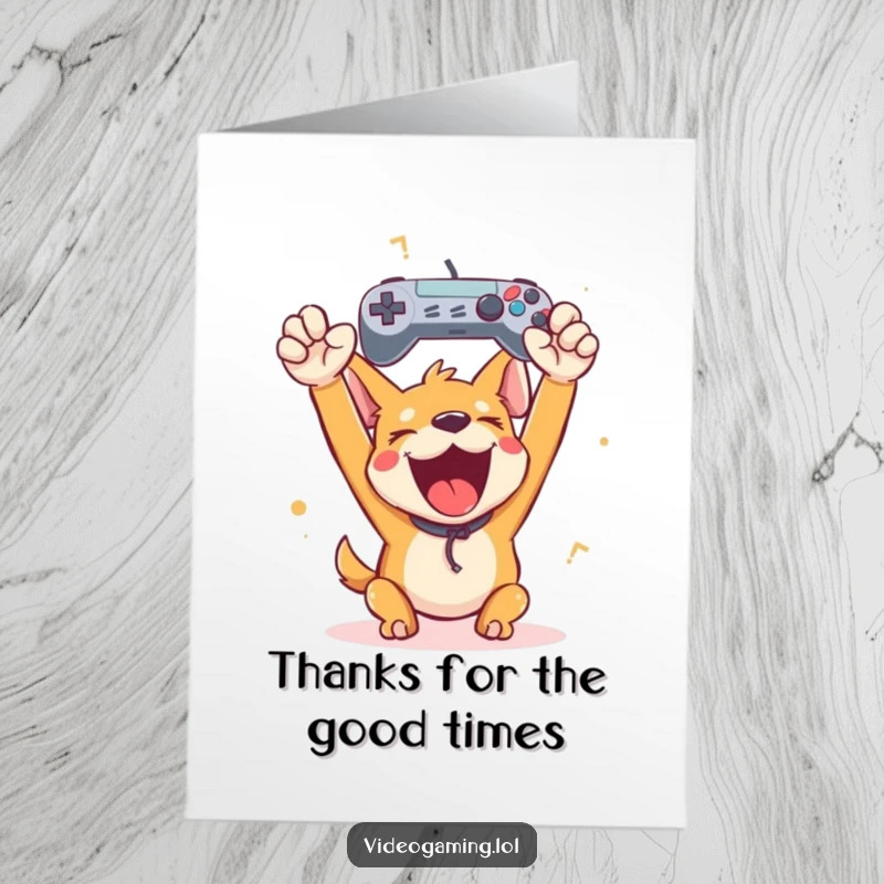 Funny Free Printable Thank You Card: Happy dog cheering and holding a game controller. Cute DIY gift.