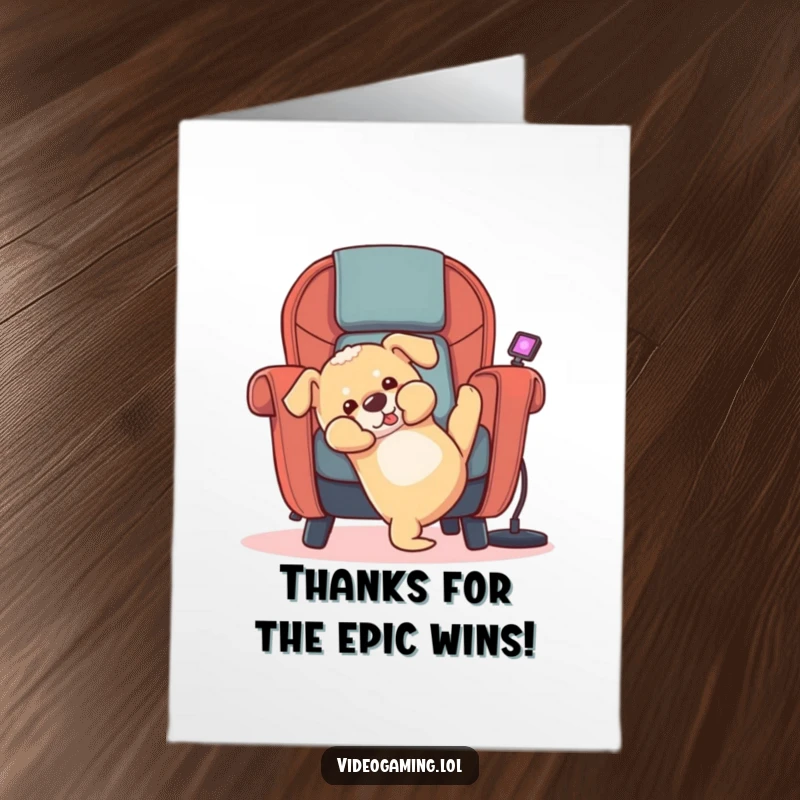 Funny free printable thank you card: A cartoon puppy hilariously tumbling from a gaming chair, expressing thanks with a goofy pose.