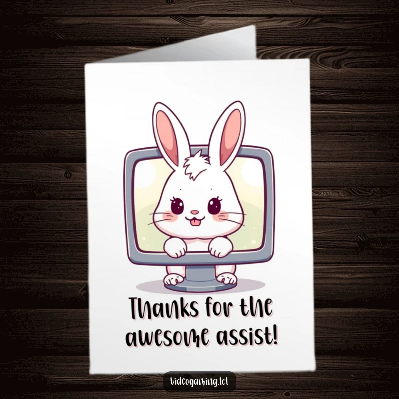 Funny Free Printable Thank You Card: A cheerful, focused rabbit playing a video game, a humorous thank you.