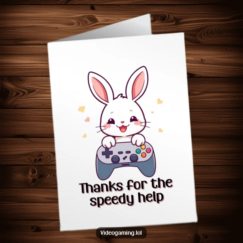 Funny Free Printable Thank You Card: Cheerful rabbit tapping a game controller rapidly, conveying playful thanks.