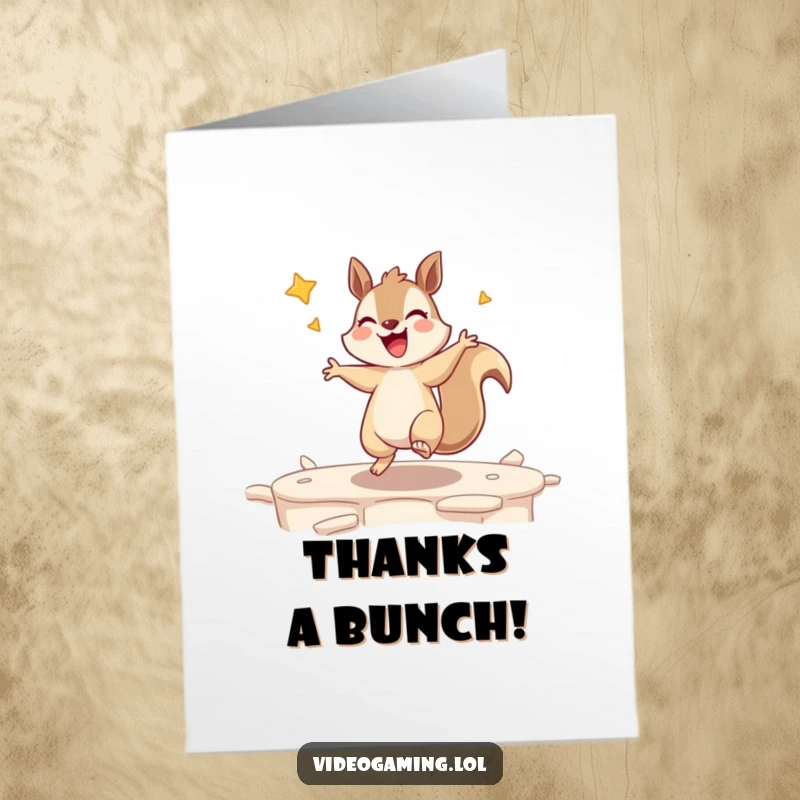 Funny Free Printable Thank You Card: A dancing squirrel celebrating a win, expressing thanks with joyful energy.