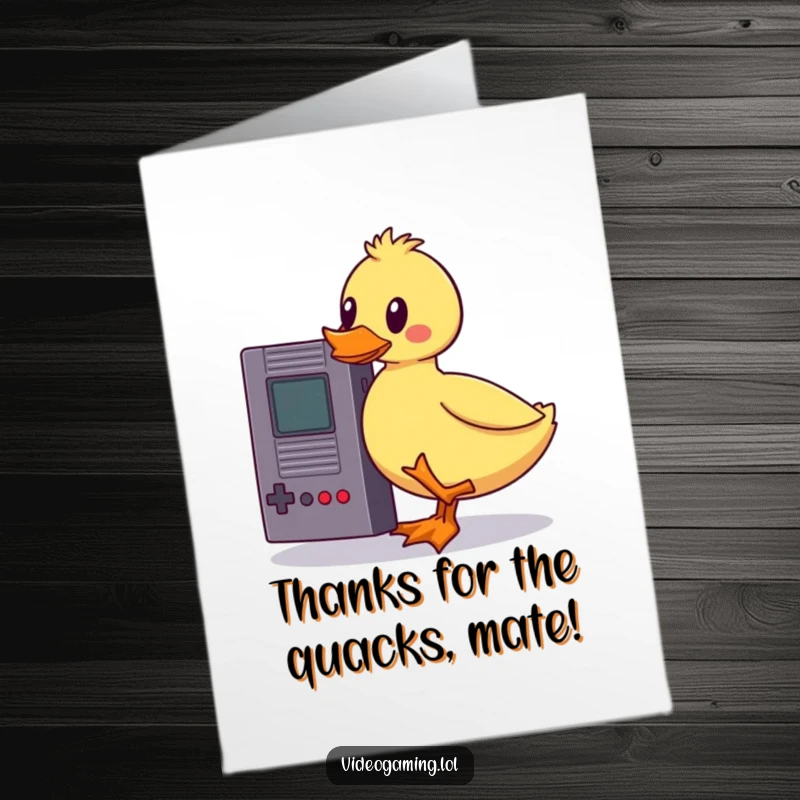 Funny free printable thank you card with a wobbly duck humorously attempting to balance a vintage game cartridge, perfect for gamers.