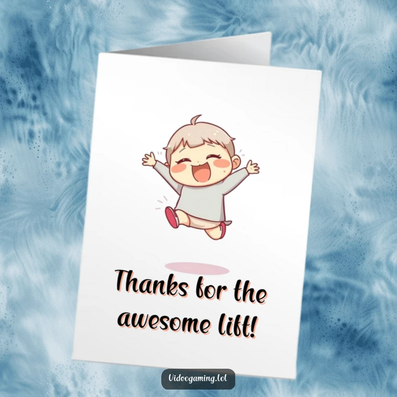 Funny Free Printable Thank You Card: Giggling character springs into a joyous leap, expressing thanks with infectious glee.