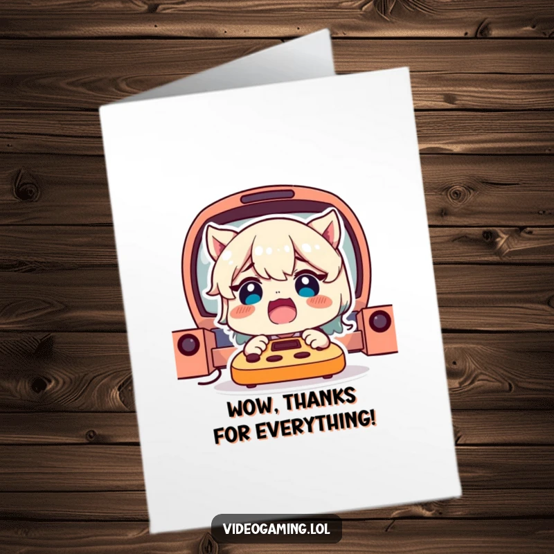 Funny Free Printable Thank You Card: Delighted character with a shocked expression, thanking you in a game-like reaction.