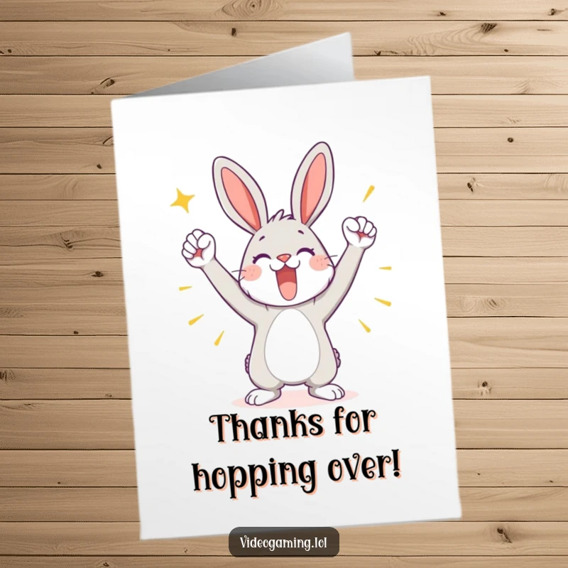 Funny Free Printable Thank You Card: Bunny in a victorious pose, expressing thanks, a cheerful downloadable message of appreciation.