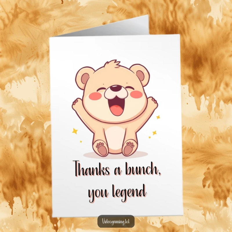 Funny Free Printable Thank You Card: Cheerful bear cub laughing at a pixelated character's triumphant virtual win.