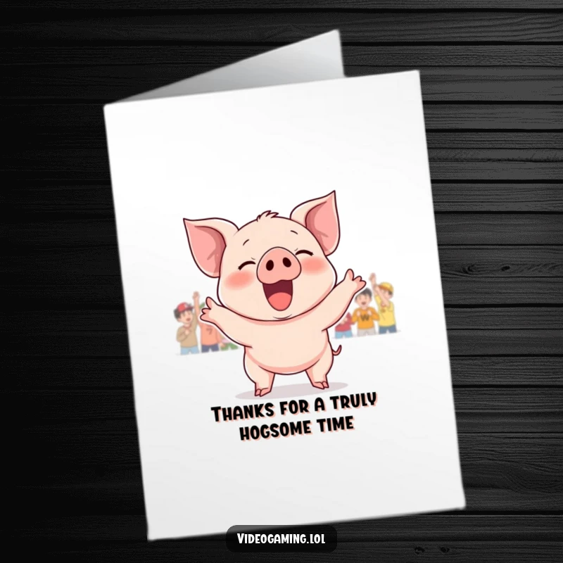 Funny Free Printable Thank You Card of a piglet joyfully cheering for a victory with thanks.