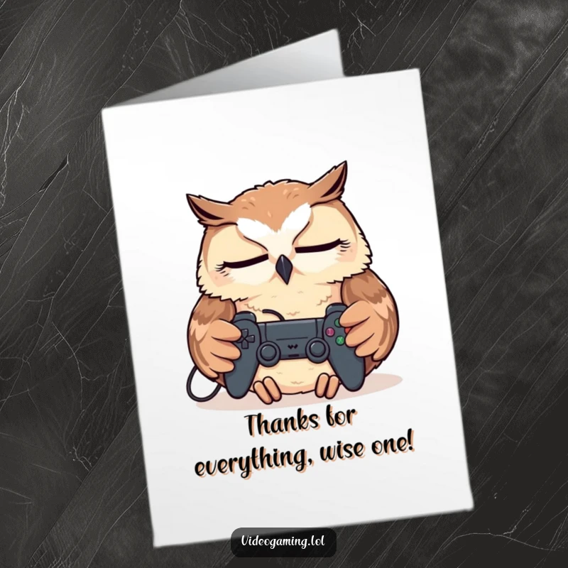 Funny Free Printable Thank You Card: A tired owl taking a nap with a game controller on its chest, showing appreciation.