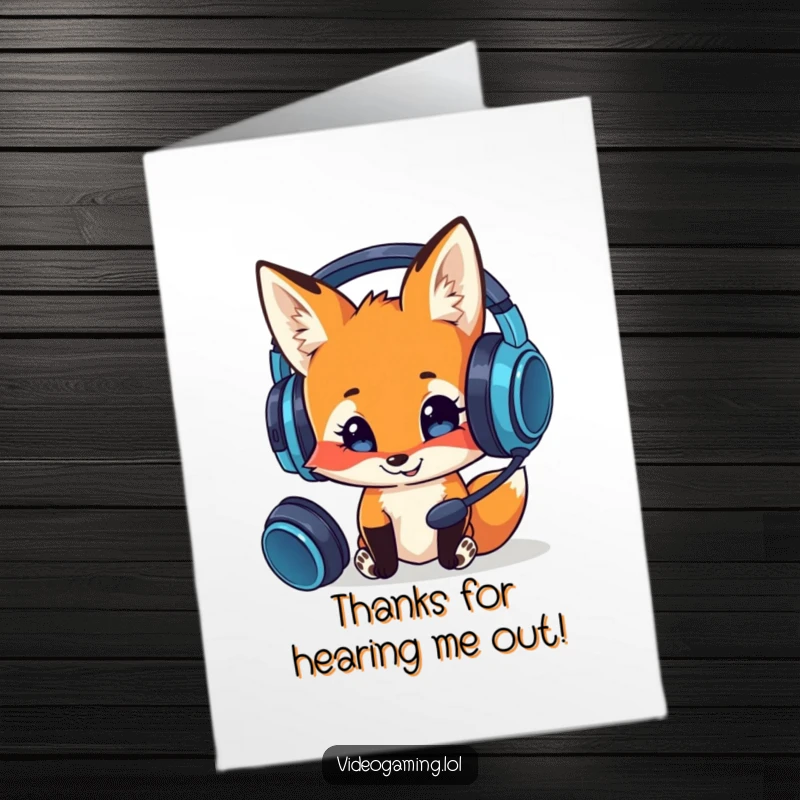 Funny Free Printable Thank You Card: A smiling fox curiously inspecting a gaming headset, a lighthearted thank you.