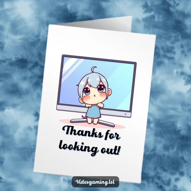 Funny Free Printable Thank You Card: Curious character leaning close to a large monitor, conveying thanks with focus.