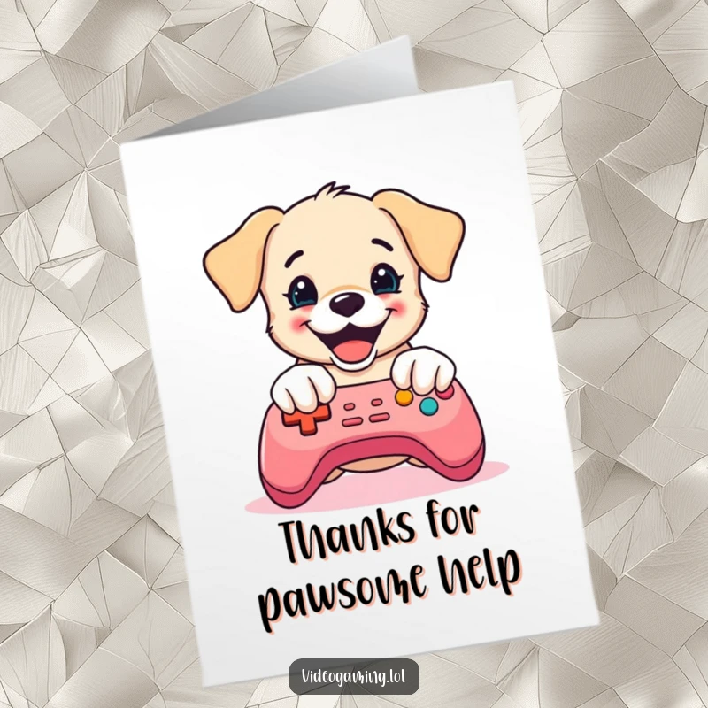 Funny Free Printable Thank You Card: Happy puppy focused on a colorful controller, expressing thanks for the game.