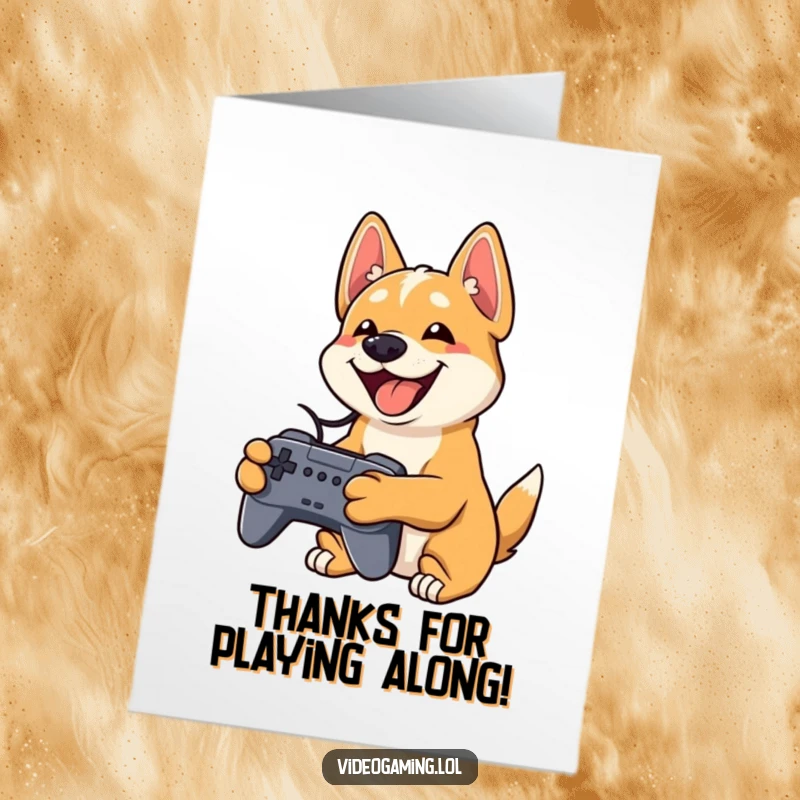 Funny Free Printable Thank You Card: Playful dog grins widely, holding a video game controller and ready to show thanks.
