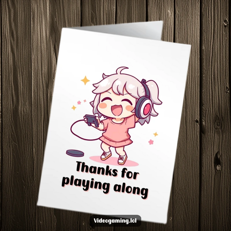 Funny Free Printable Thank You Card: A joyful character dances energetically, controller in hand, sending a special thank you message.