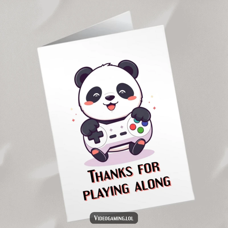 Funny Free Printable Thank You Card: Panda enthusiastically mashing controller buttons, a playful way to say thanks.