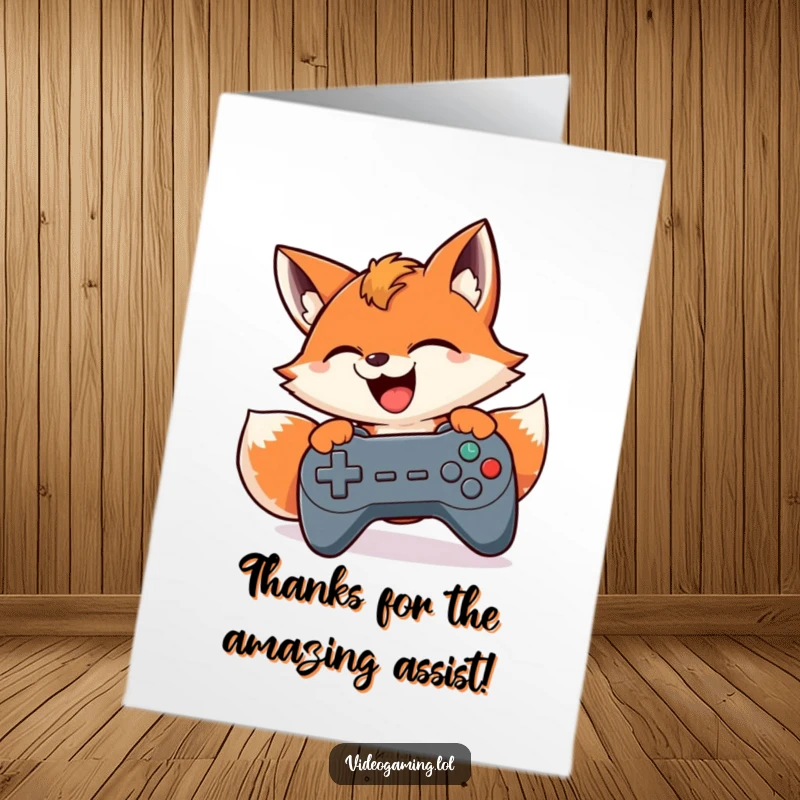 Funny Free Printable Thank You Card: Fox focused on a game controller, expressing thanks, a unique downloadable way to show appreciation.